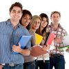 happy group of students with notebooks - isolated over a white background